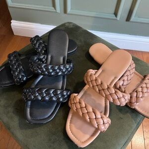 Set of Braided Strap Slide Sandals Women’s Size 9 Tan, Black Flat Summer Sandals